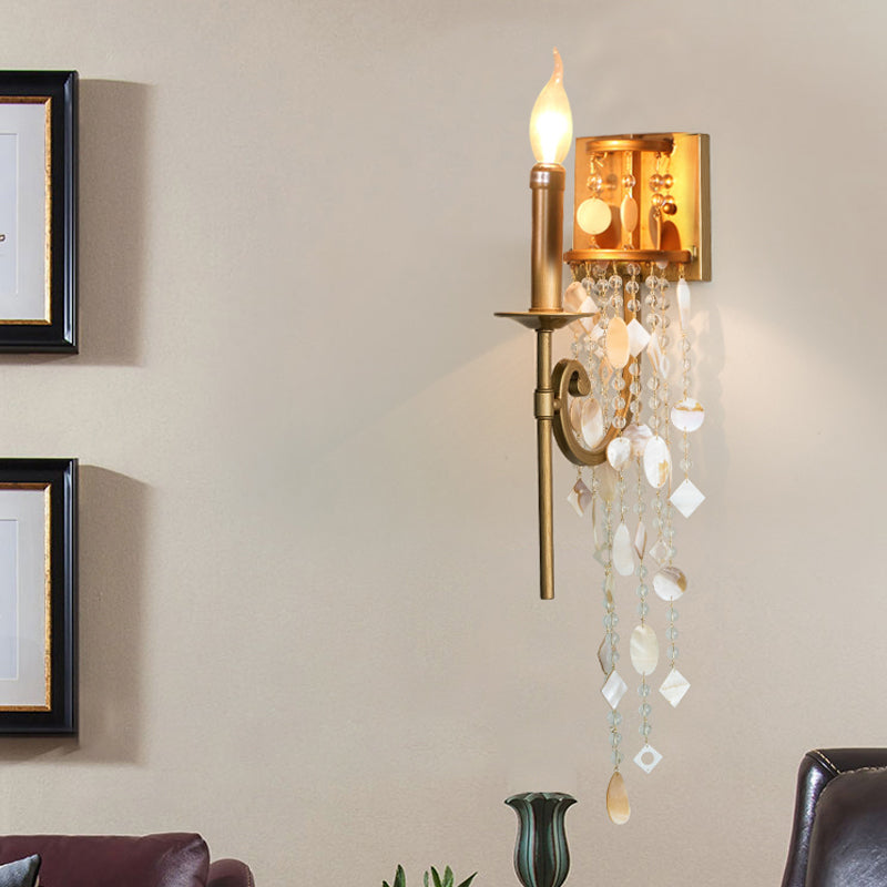 Metal Candlestick Wall Sconce Light Traditional 1 Bulb Bedroom Wall Lighting in Gold with Crystal Accent Gold Clearhalo 'Wall Lamps & Sconces' 'Wall Lights' Lighting' 897149