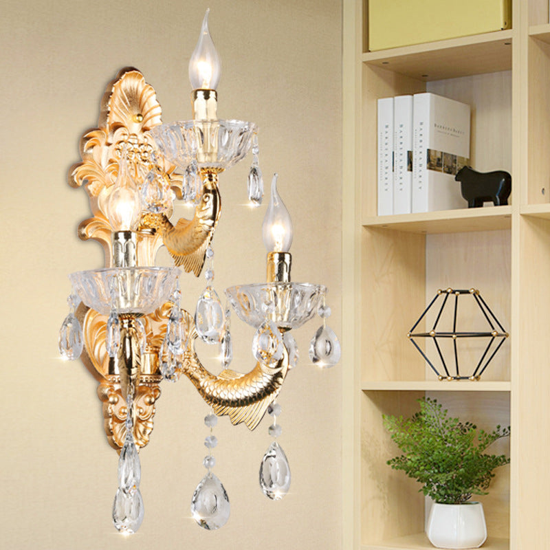 Classic Candle Wall Mount Lamp 3-Light Crystal Wall Light in Gold with Fish-Shaped Metal Arm Gold Clearhalo 'Wall Lamps & Sconces' 'Wall Lights' Lighting' 897153