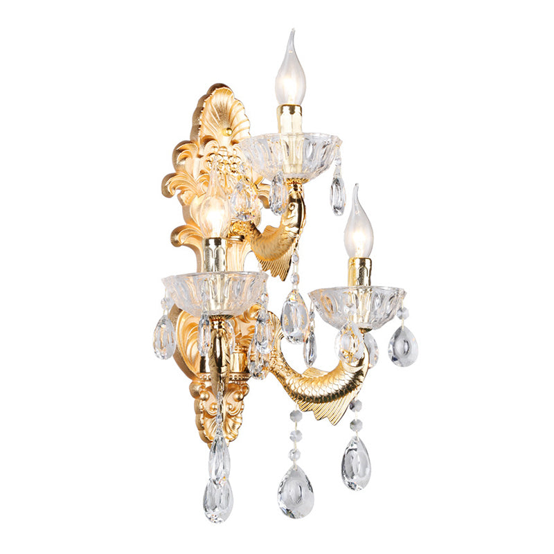 Classic Candle Wall Mount Lamp 3-Light Crystal Wall Light in Gold with Fish-Shaped Metal Arm Clearhalo 'Wall Lamps & Sconces' 'Wall Lights' Lighting' 897155