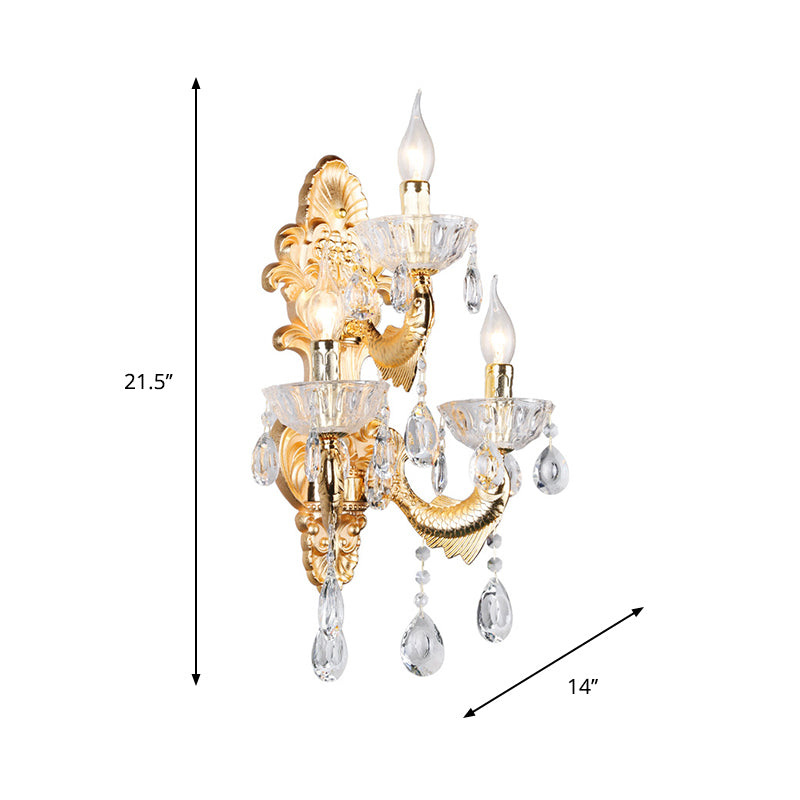 Classic Candle Wall Mount Lamp 3-Light Crystal Wall Light in Gold with Fish-Shaped Metal Arm Clearhalo 'Wall Lamps & Sconces' 'Wall Lights' Lighting' 897156