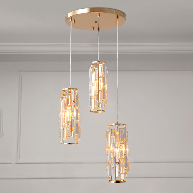 3-Head Multi Light Pendant Modern Bedroom Hanging Lamp with Column Crystal Shade in Gold Clearhalo 'Ceiling Lights' 'Modern Pendants' 'Modern' 'Pendant Lights' 'Pendants' Lighting' 897158