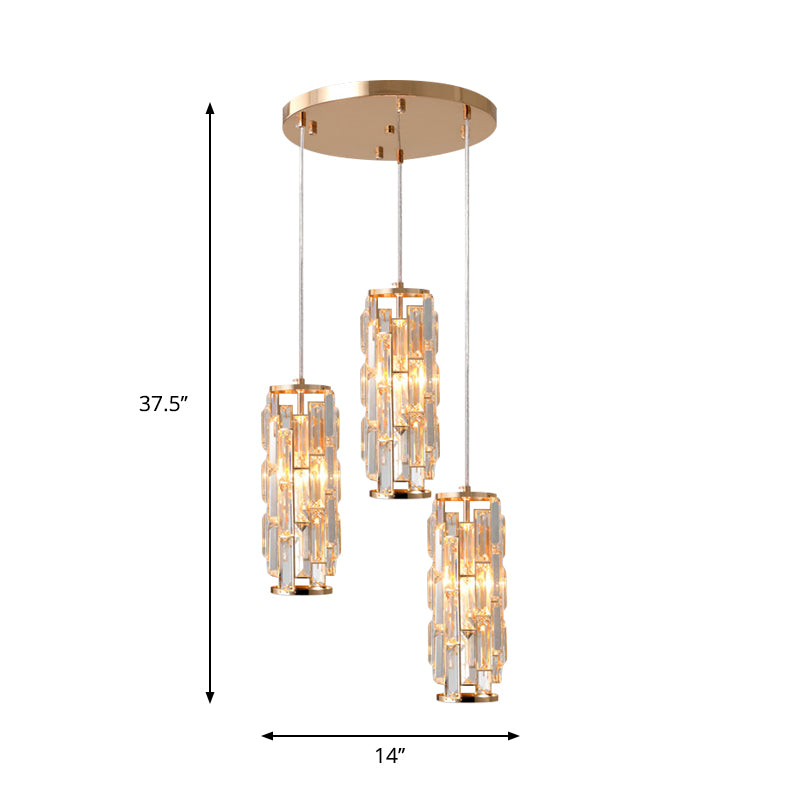 3-Head Multi Light Pendant Modern Bedroom Hanging Lamp with Column Crystal Shade in Gold Clearhalo 'Ceiling Lights' 'Modern Pendants' 'Modern' 'Pendant Lights' 'Pendants' Lighting' 897160