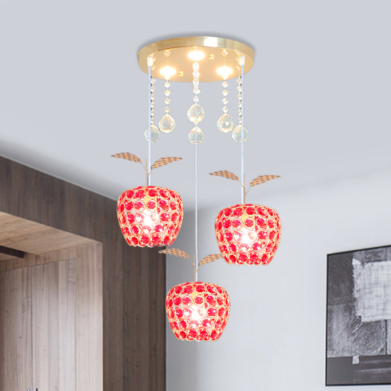 Apple Shaped Multi-Pendant Modernism Red Crystal Encrusted 3-Light Gold Suspension Lamp Red Clearhalo 'Ceiling Lights' 'Modern Pendants' 'Modern' 'Pendant Lights' 'Pendants' Lighting' 897397