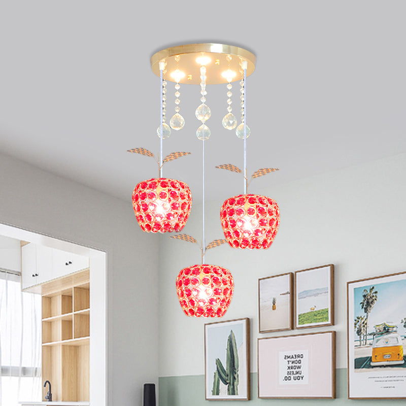 Apple Shaped Multi-Pendant Modernism Red Crystal Encrusted 3-Light Gold Suspension Lamp Clearhalo 'Ceiling Lights' 'Modern Pendants' 'Modern' 'Pendant Lights' 'Pendants' Lighting' 897398