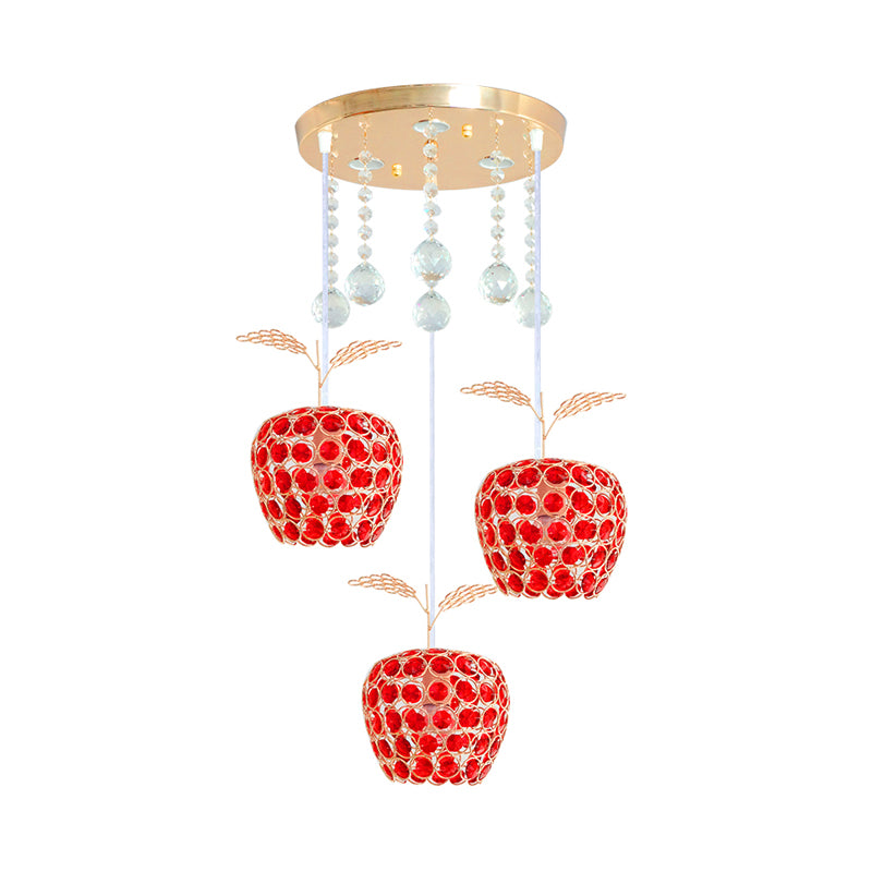 Apple Shaped Multi-Pendant Modernism Red Crystal Encrusted 3-Light Gold Suspension Lamp Clearhalo 'Ceiling Lights' 'Modern Pendants' 'Modern' 'Pendant Lights' 'Pendants' Lighting' 897399