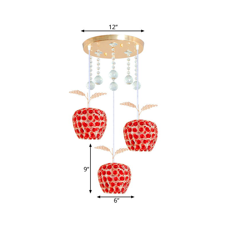 Apple Shaped Multi-Pendant Modernism Red Crystal Encrusted 3-Light Gold Suspension Lamp Clearhalo 'Ceiling Lights' 'Modern Pendants' 'Modern' 'Pendant Lights' 'Pendants' Lighting' 897400