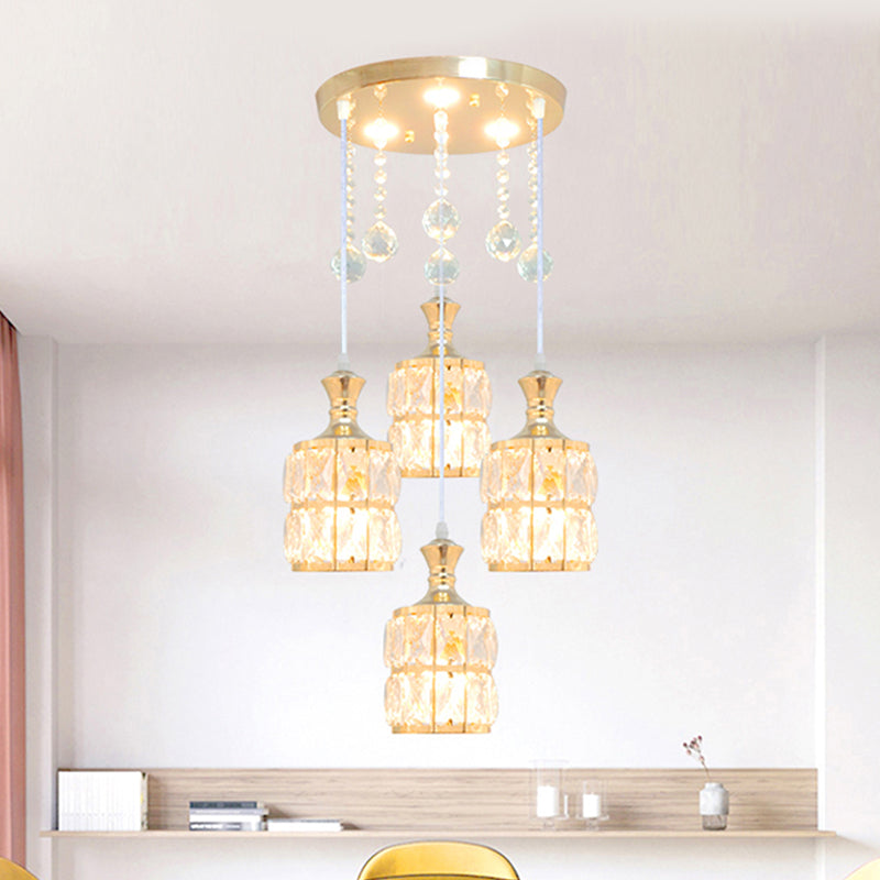 Crystal Block Cylinder Multi Pendant Light Fixture Modern 4-Bulb Hanging Lamp Kit in Gold Gold Clearhalo 'Ceiling Lights' 'Modern Pendants' 'Modern' 'Pendant Lights' 'Pendants' Lighting' 897401