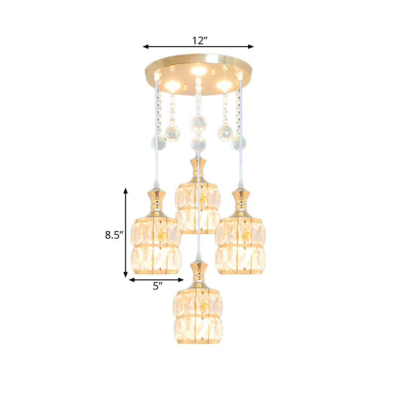 Crystal Block Cylinder Multi Pendant Light Fixture Modern 4-Bulb Hanging Lamp Kit in Gold Clearhalo 'Ceiling Lights' 'Modern Pendants' 'Modern' 'Pendant Lights' 'Pendants' Lighting' 897404