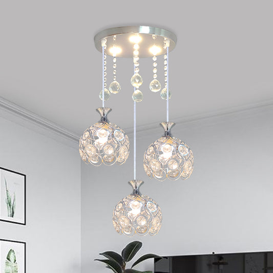 3-Head Dining Room Cluster Pendant Modern Silver Finish Pendulum Light with Dome Crystal-Encrusted Shade Silver Clearhalo 'Ceiling Lights' 'Modern Pendants' 'Modern' 'Pendant Lights' 'Pendants' Lighting' 897405