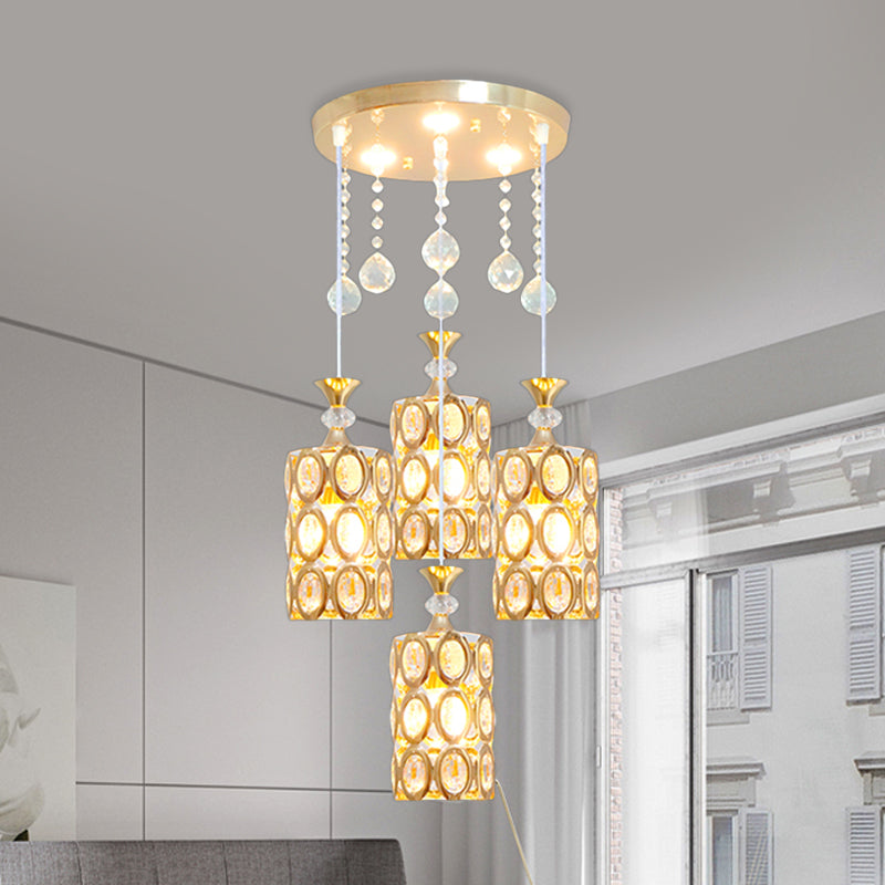 Crystal Encrusted Cylinder Multi-Light Pendant Modernist 4-Light Ceiling Suspension Lamp in Gold Gold Clearhalo 'Ceiling Lights' 'Modern Pendants' 'Modern' 'Pendant Lights' 'Pendants' Lighting' 897409