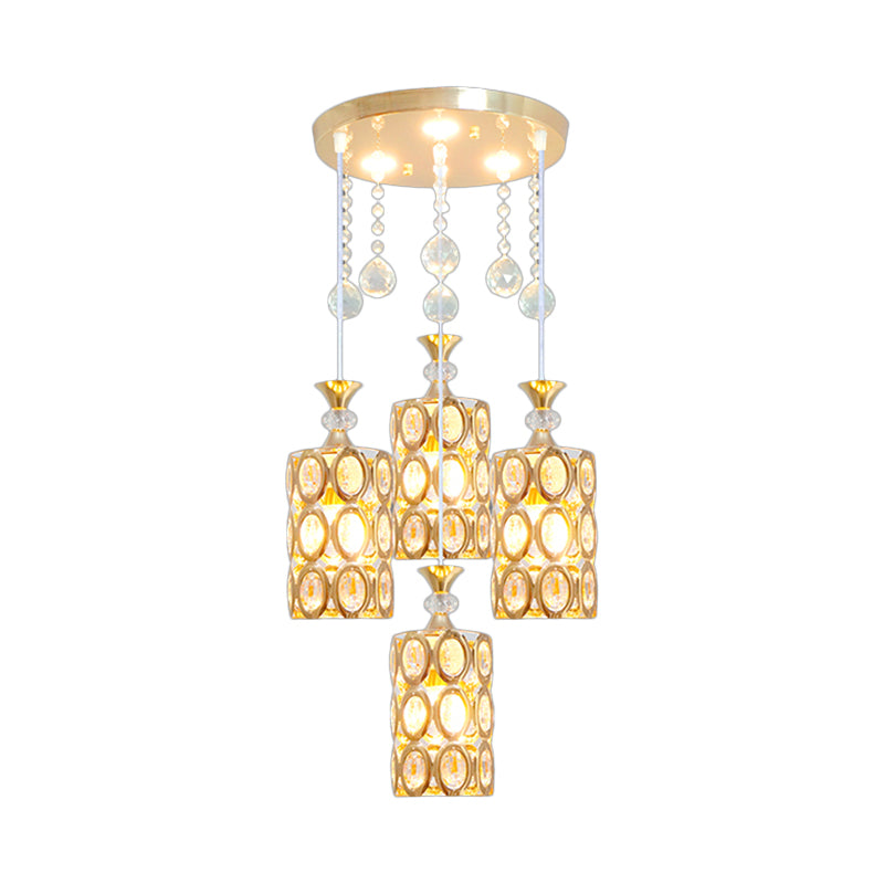 Crystal Encrusted Cylinder Multi-Light Pendant Modernist 4-Light Ceiling Suspension Lamp in Gold Clearhalo 'Ceiling Lights' 'Modern Pendants' 'Modern' 'Pendant Lights' 'Pendants' Lighting' 897411