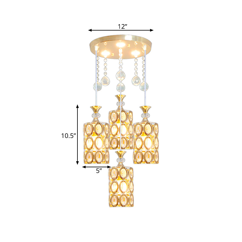 Crystal Encrusted Cylinder Multi-Light Pendant Modernist 4-Light Ceiling Suspension Lamp in Gold Clearhalo 'Ceiling Lights' 'Modern Pendants' 'Modern' 'Pendant Lights' 'Pendants' Lighting' 897412