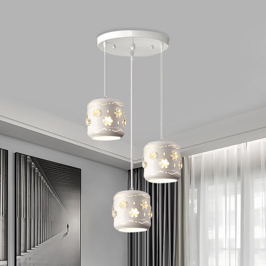 Iron Drum Multi Pendant Lamp Fixture Modernism 3-Light White Ceiling Light with Flower Crystal Encrusted Design White Clearhalo 'Ceiling Lights' 'Modern Pendants' 'Modern' 'Pendant Lights' 'Pendants' Lighting' 897429