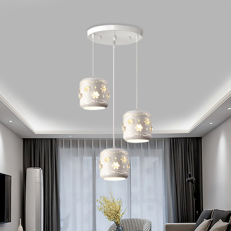 Iron Drum Multi Pendant Lamp Fixture Modernism 3-Light White Ceiling Light with Flower Crystal Encrusted Design Clearhalo 'Ceiling Lights' 'Modern Pendants' 'Modern' 'Pendant Lights' 'Pendants' Lighting' 897430