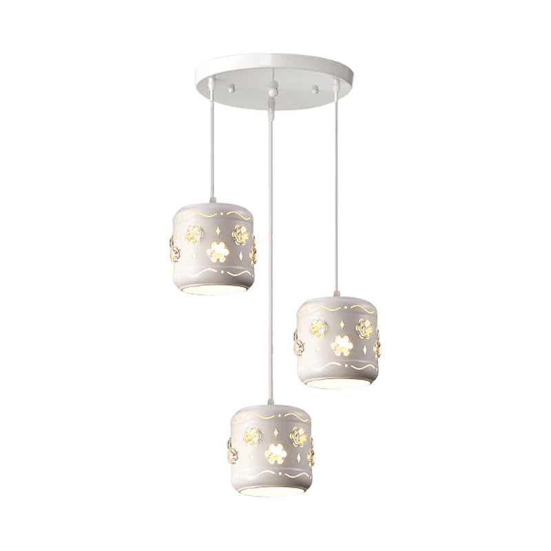 Iron Drum Multi Pendant Lamp Fixture Modernism 3-Light White Ceiling Light with Flower Crystal Encrusted Design Clearhalo 'Ceiling Lights' 'Modern Pendants' 'Modern' 'Pendant Lights' 'Pendants' Lighting' 897431