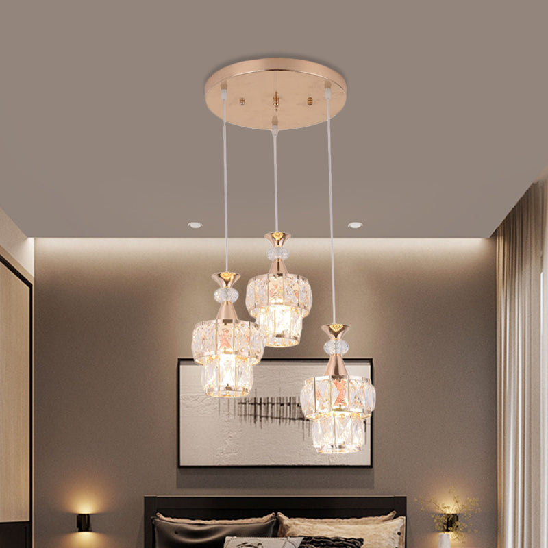 Gold 2 Layers Cluster Light Pendant Modern 3-Head Beveled Crystal Block Hanging Lamp Kit Clearhalo 'Ceiling Lights' 'Modern Pendants' 'Modern' 'Pendant Lights' 'Pendants' Lighting' 897450