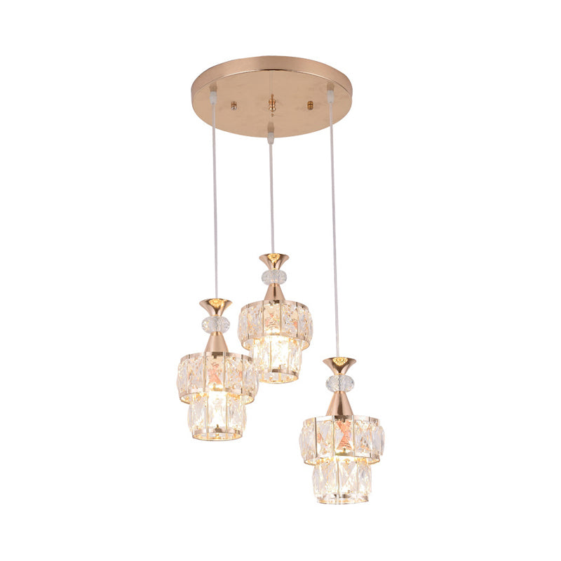 Gold 2 Layers Cluster Light Pendant Modern 3-Head Beveled Crystal Block Hanging Lamp Kit Clearhalo 'Ceiling Lights' 'Modern Pendants' 'Modern' 'Pendant Lights' 'Pendants' Lighting' 897451