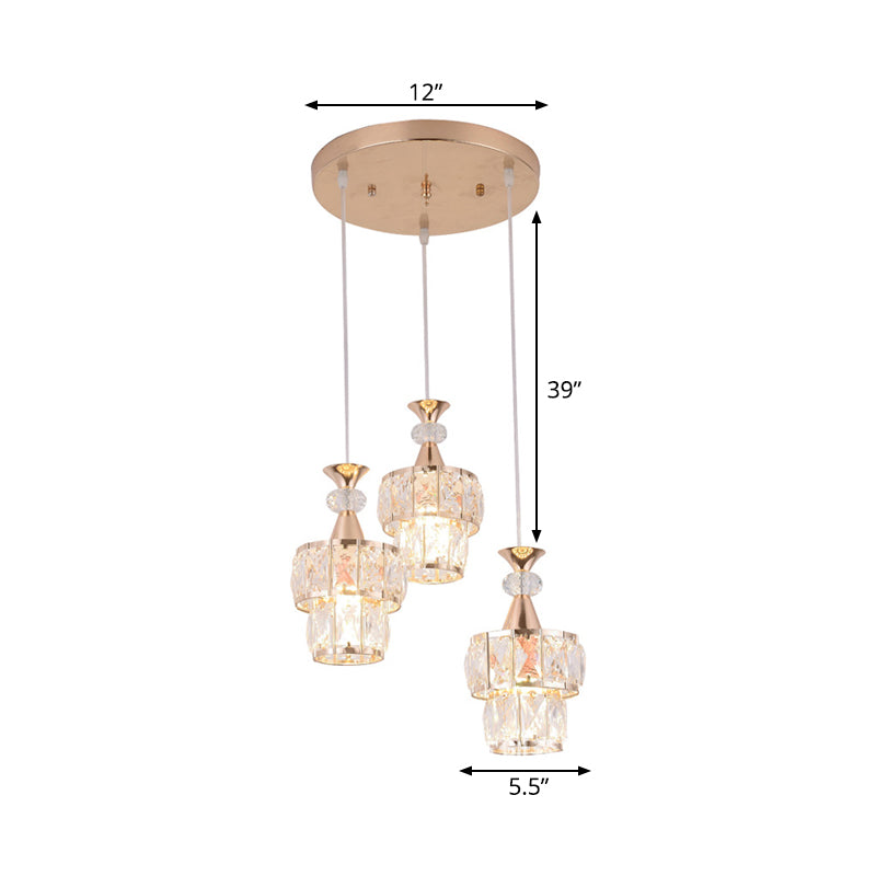 Gold 2 Layers Cluster Light Pendant Modern 3-Head Beveled Crystal Block Hanging Lamp Kit Clearhalo 'Ceiling Lights' 'Modern Pendants' 'Modern' 'Pendant Lights' 'Pendants' Lighting' 897452