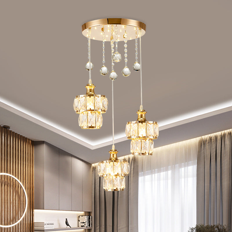 Faceted Crystal Block 2-Tier Pendulum Light Minimalist 3-Bulb Gold Finish Multi Pendant with Droplet Clearhalo 'Ceiling Lights' 'Modern Pendants' 'Modern' 'Pendant Lights' 'Pendants' Lighting' 897454