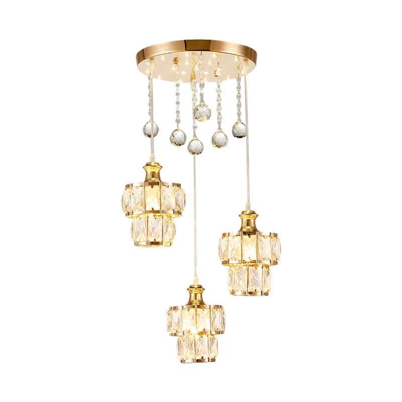 Faceted Crystal Block 2-Tier Pendulum Light Minimalist 3-Bulb Gold Finish Multi Pendant with Droplet Clearhalo 'Ceiling Lights' 'Modern Pendants' 'Modern' 'Pendant Lights' 'Pendants' Lighting' 897455