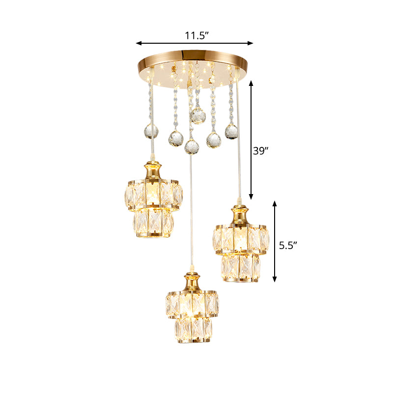 Faceted Crystal Block 2-Tier Pendulum Light Minimalist 3-Bulb Gold Finish Multi Pendant with Droplet Clearhalo 'Ceiling Lights' 'Modern Pendants' 'Modern' 'Pendant Lights' 'Pendants' Lighting' 897456