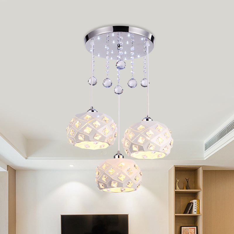 Modernist Drum Cluster Pendant Iron 3 Heads Dining Room Crystal Hanging Ceiling Lamp in White White Clearhalo 'Ceiling Lights' 'Modern Pendants' 'Modern' 'Pendant Lights' 'Pendants' Lighting' 897465