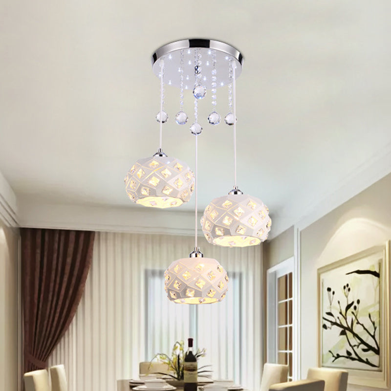 Modernist Drum Cluster Pendant Iron 3 Heads Dining Room Crystal Hanging Ceiling Lamp in White Clearhalo 'Ceiling Lights' 'Modern Pendants' 'Modern' 'Pendant Lights' 'Pendants' Lighting' 897466