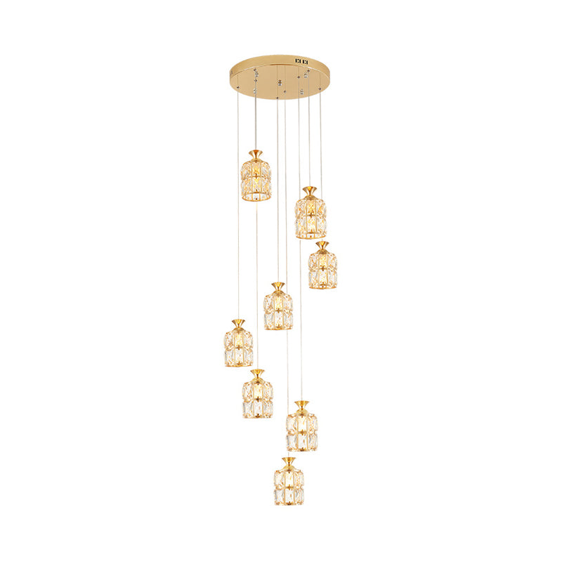 Contemporary 8-Light Cluster Light Pendant with Crystal Block Encrusted Shade Gold Cylindrical Pendulum Lamp Clearhalo 'Ceiling Lights' 'Modern Pendants' 'Modern' 'Pendant Lights' 'Pendants' Lighting' 897470