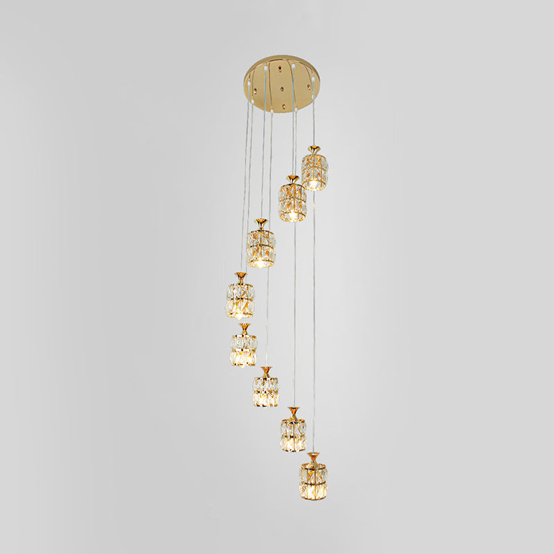 Contemporary 8-Light Cluster Light Pendant with Crystal Block Encrusted Shade Gold Cylindrical Pendulum Lamp Clearhalo 'Ceiling Lights' 'Modern Pendants' 'Modern' 'Pendant Lights' 'Pendants' Lighting' 897471