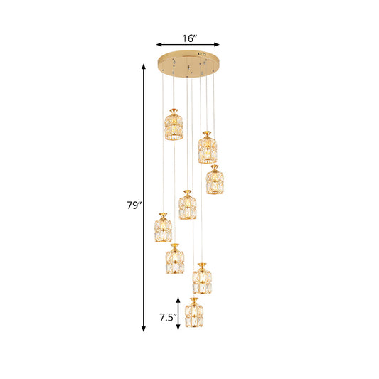 Contemporary 8-Light Cluster Light Pendant with Crystal Block Encrusted Shade Gold Cylindrical Pendulum Lamp Clearhalo 'Ceiling Lights' 'Modern Pendants' 'Modern' 'Pendant Lights' 'Pendants' Lighting' 897472