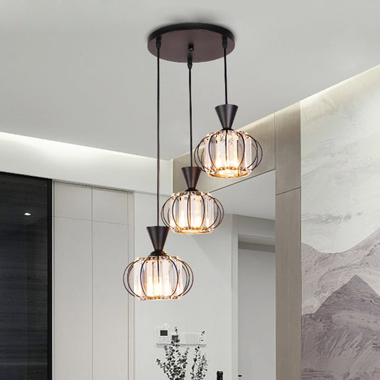 Ellipse Cage Multi Ceiling Lamp Modern Iron 3-Bulb Black Finish Hanging Pendant with Crystal Prisms Shade Inside Black Clearhalo 'Ceiling Lights' 'Modern Pendants' 'Modern' 'Pendant Lights' 'Pendants' Lighting' 897473