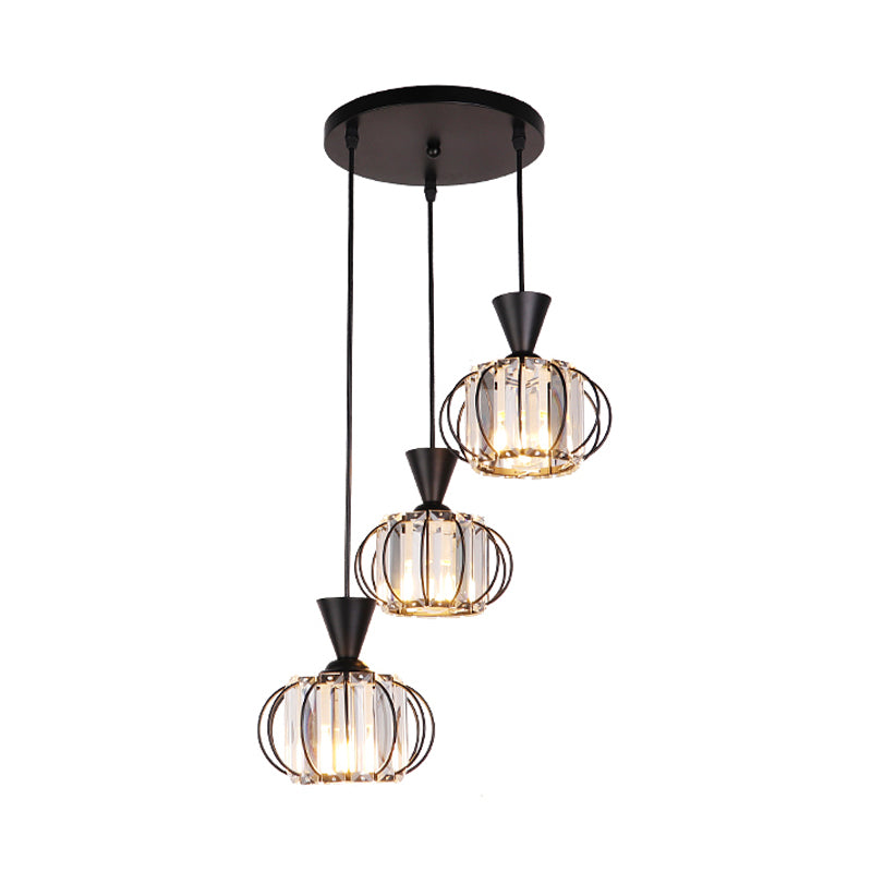 Ellipse Cage Multi Ceiling Lamp Modern Iron 3-Bulb Black Finish Hanging Pendant with Crystal Prisms Shade Inside Clearhalo 'Ceiling Lights' 'Modern Pendants' 'Modern' 'Pendant Lights' 'Pendants' Lighting' 897474