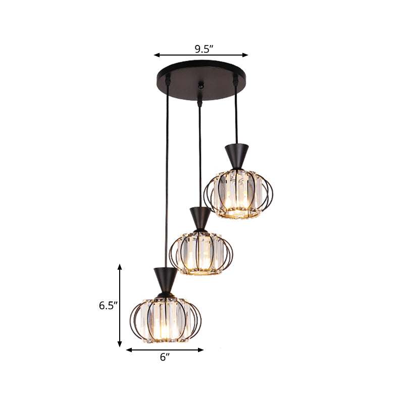 Ellipse Cage Multi Ceiling Lamp Modern Iron 3-Bulb Black Finish Hanging Pendant with Crystal Prisms Shade Inside Clearhalo 'Ceiling Lights' 'Modern Pendants' 'Modern' 'Pendant Lights' 'Pendants' Lighting' 897476