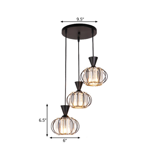 Ellipse Cage Multi Ceiling Lamp Modern Iron 3-Bulb Black Finish Hanging Pendant with Crystal Prisms Shade Inside Clearhalo 'Ceiling Lights' 'Modern Pendants' 'Modern' 'Pendant Lights' 'Pendants' Lighting' 897476