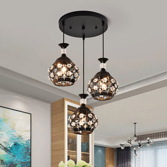 Black Hollow Out Floret Multi-Pendant Modernism 3 Lights Crystal Embedded Suspension Lamp Black Clearhalo 'Ceiling Lights' 'Modern Pendants' 'Modern' 'Pendant Lights' 'Pendants' Lighting' 897477