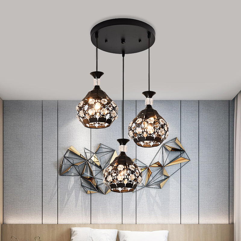 Black Hollow Out Floret Multi-Pendant Modernism 3 Lights Crystal Embedded Suspension Lamp Clearhalo 'Ceiling Lights' 'Modern Pendants' 'Modern' 'Pendant Lights' 'Pendants' Lighting' 897478