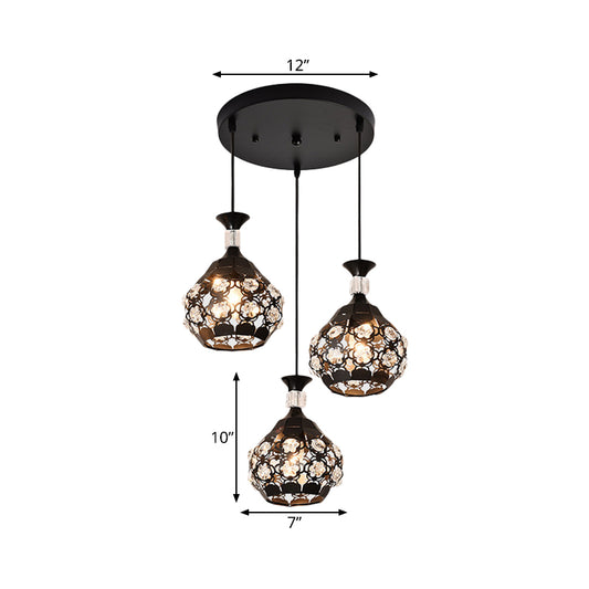 Black Hollow Out Floret Multi-Pendant Modernism 3 Lights Crystal Embedded Suspension Lamp Clearhalo 'Ceiling Lights' 'Modern Pendants' 'Modern' 'Pendant Lights' 'Pendants' Lighting' 897480