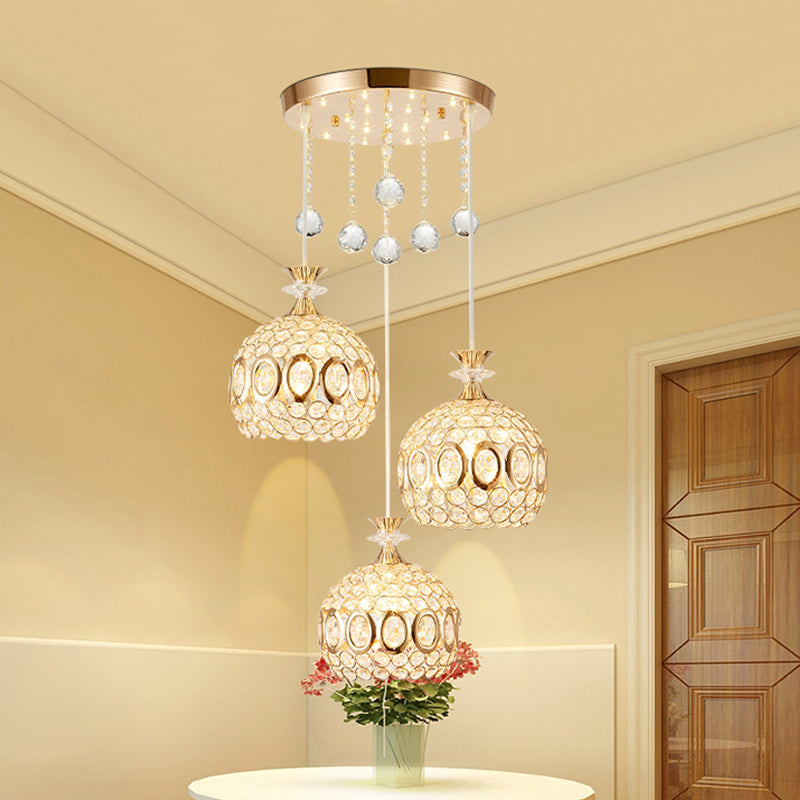 Crystal-Encrusted Dome Multi Pendant Light Modernism 3 Bulbs Hanging Ceiling Lamp in Gold Clearhalo 'Ceiling Lights' 'Modern Pendants' 'Modern' 'Pendant Lights' 'Pendants' Lighting' 897486