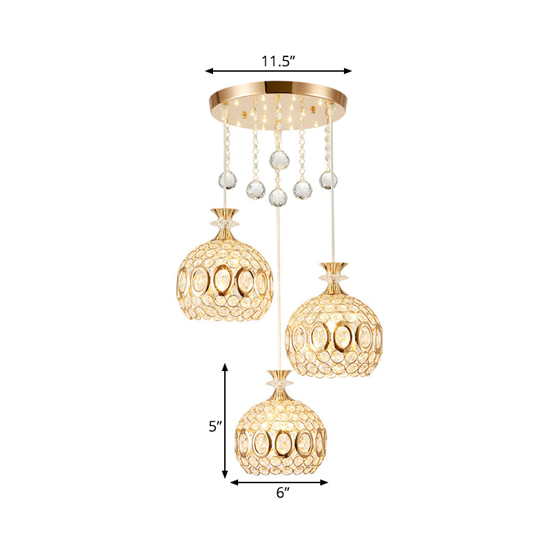 Crystal-Encrusted Dome Multi Pendant Light Modernism 3 Bulbs Hanging Ceiling Lamp in Gold Clearhalo 'Ceiling Lights' 'Modern Pendants' 'Modern' 'Pendant Lights' 'Pendants' Lighting' 897488