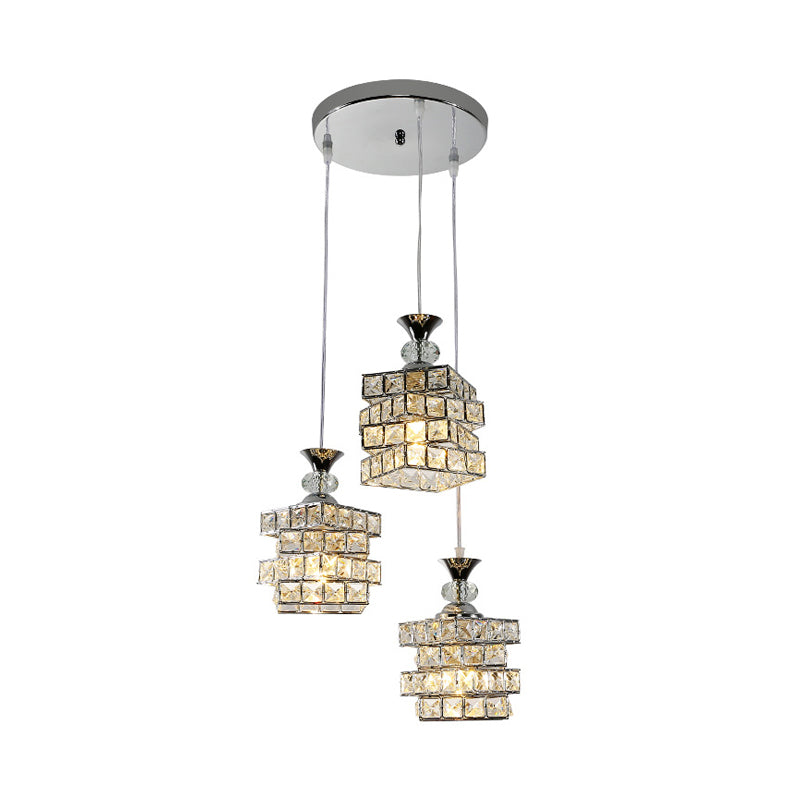 4 Layers Crystal Block Pendant Lamp Fixture Simple 3-Head Silver Finish Multi Ceiling Light Clearhalo 'Ceiling Lights' 'Modern Pendants' 'Modern' 'Pendant Lights' 'Pendants' Lighting' 897491