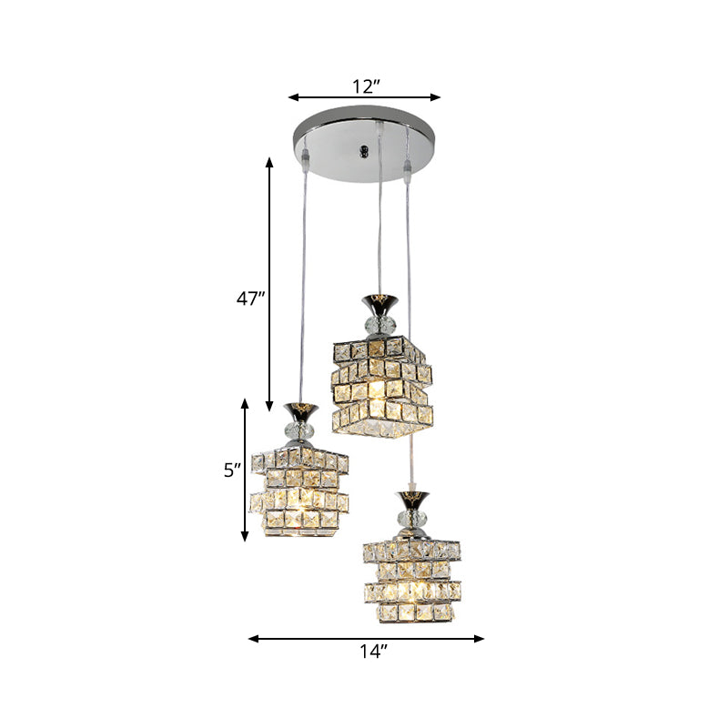 4 Layers Crystal Block Pendant Lamp Fixture Simple 3-Head Silver Finish Multi Ceiling Light Clearhalo 'Ceiling Lights' 'Modern Pendants' 'Modern' 'Pendant Lights' 'Pendants' Lighting' 897492