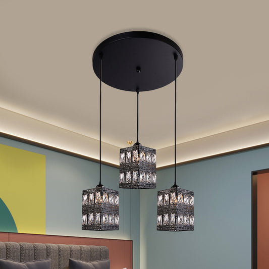 Crystal Block Cuboid Shaped Pendulum Light Modernist 3-Light Black Finish Multiple Hanging Lamp Black Clearhalo 'Ceiling Lights' 'Modern Pendants' 'Modern' 'Pendant Lights' 'Pendants' Lighting' 897493