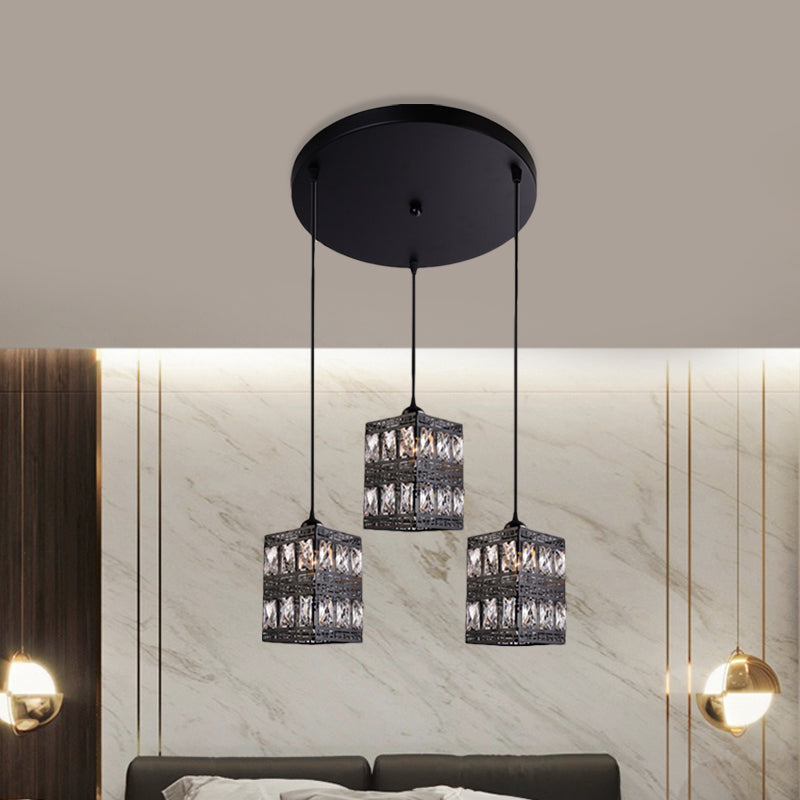 Crystal Block Cuboid Shaped Pendulum Light Modernist 3-Light Black Finish Multiple Hanging Lamp Clearhalo 'Ceiling Lights' 'Modern Pendants' 'Modern' 'Pendant Lights' 'Pendants' Lighting' 897494