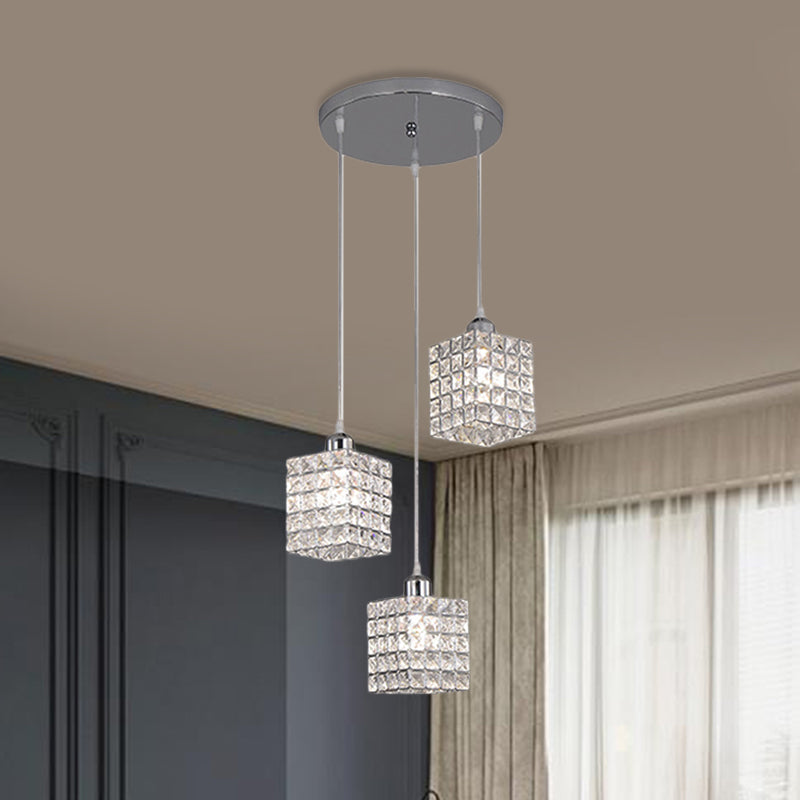 Chrome Cuboid Cluster Pendant Minimalist 3 Bulbs Beveled Crystal Ceiling Suspension Light Chrome Clearhalo 'Ceiling Lights' 'Modern Pendants' 'Modern' 'Pendant Lights' 'Pendants' Lighting' 897497