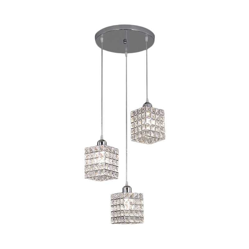 Chrome Cuboid Cluster Pendant Minimalist 3 Bulbs Beveled Crystal Ceiling Suspension Light Clearhalo 'Ceiling Lights' 'Modern Pendants' 'Modern' 'Pendant Lights' 'Pendants' Lighting' 897499