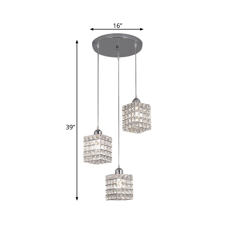 Chrome Cuboid Cluster Pendant Minimalist 3 Bulbs Beveled Crystal Ceiling Suspension Light Clearhalo 'Ceiling Lights' 'Modern Pendants' 'Modern' 'Pendant Lights' 'Pendants' Lighting' 897500