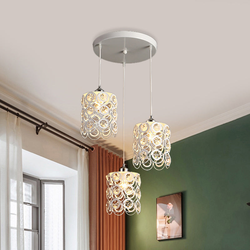 Cylinder Hanging Lamp Modernism K9 Crystal Embedded 3 Heads White Finish Multi Ceiling Light White Clearhalo 'Ceiling Lights' 'Modern Pendants' 'Modern' 'Pendant Lights' 'Pendants' Lighting' 897501