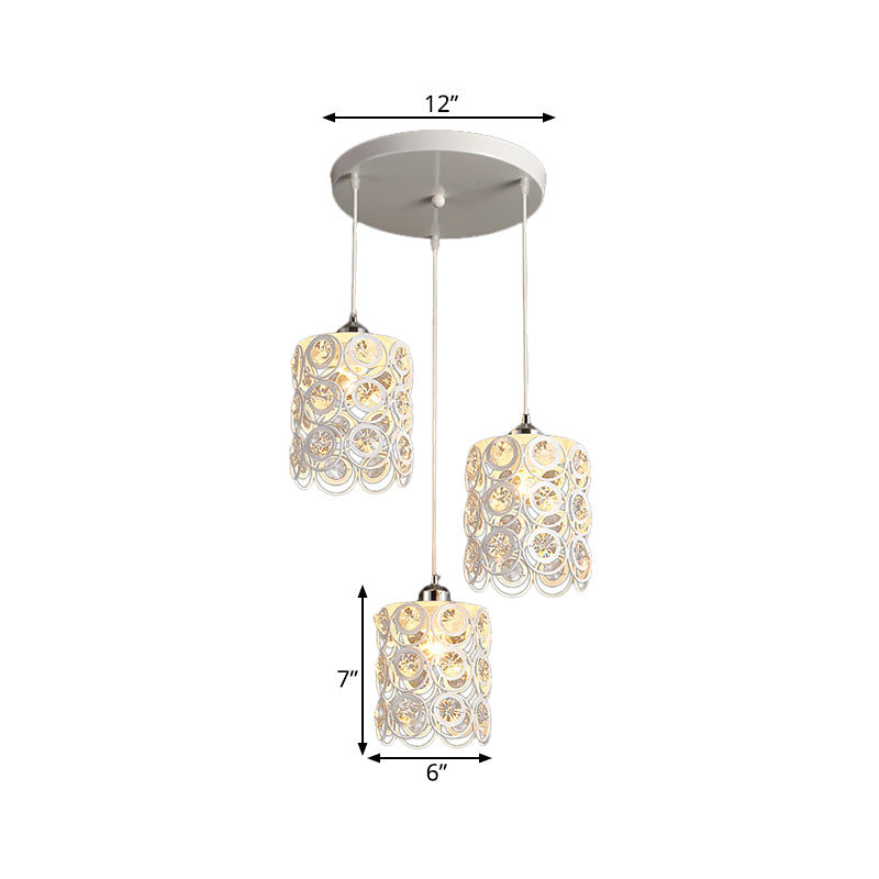 Cylinder Hanging Lamp Modernism K9 Crystal Embedded 3 Heads White Finish Multi Ceiling Light Clearhalo 'Ceiling Lights' 'Modern Pendants' 'Modern' 'Pendant Lights' 'Pendants' Lighting' 897504