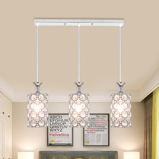 3 Lights Restaurant Hanging Ceiling Lamp Modern Silver Cluster Pendant with Cylinder Crystal Encrusted Shade Silver Clearhalo 'Ceiling Lights' 'Modern Pendants' 'Modern' 'Pendant Lights' 'Pendants' Lighting' 897517