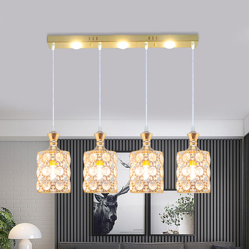 Gold Cylinder Shape Multiple Hanging Light Contemporary 4-Light Beveled K9 Crystal Pendant Gold Clearhalo 'Ceiling Lights' 'Modern Pendants' 'Modern' 'Pendant Lights' 'Pendants' Lighting' 897529